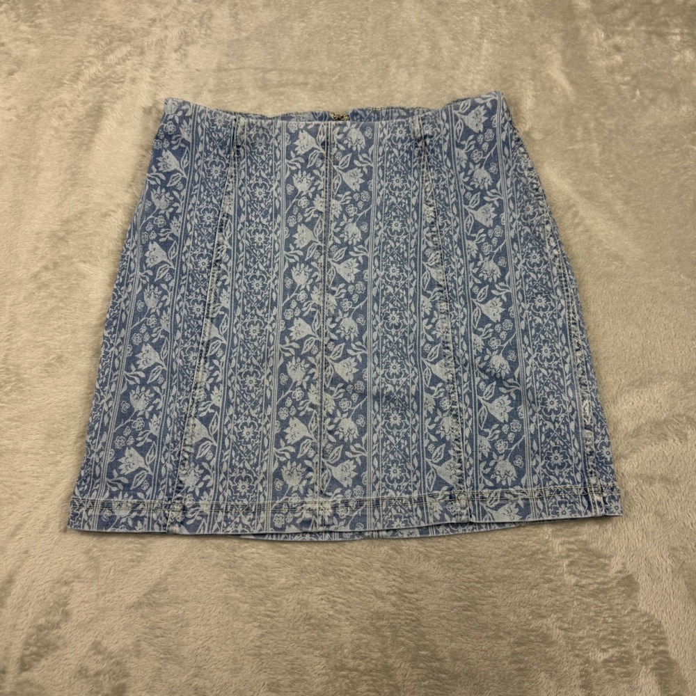 Free People Denim Mini Skirt Womens 10 Blue Floral Print Boho Stretch Zip Back